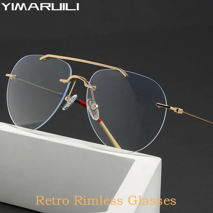 YIMARUILI Fashion Ultralight Pilot Men's Rimless Glasses Retro Trend Big Size Optical Prescription Eyeglasses Frame Women 1870