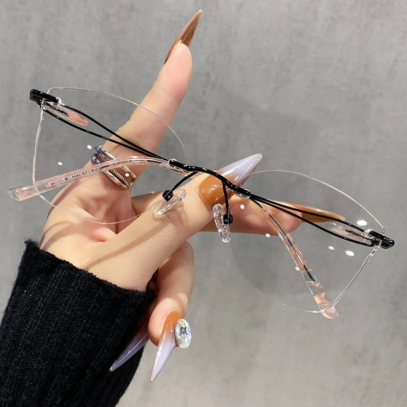 TFTB 2025 Women's Fashion Cat Eye Rimless Glasses Ultra-light Trendy Alloy High-end Optical Prescription Eyeglasses Frame 19028