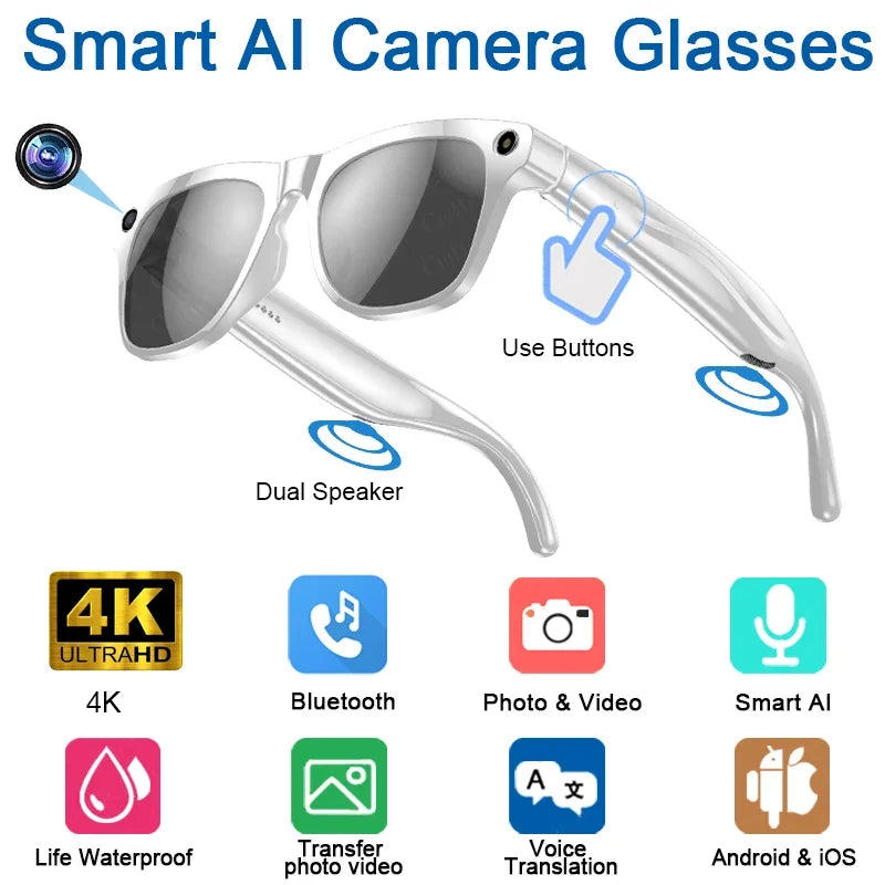 4K HD AI Smart Glasses Chat 260Mah Battery Voice Assistant Control GPT 100MP Camera Bluetooth Call  Smart Glasses 2025 New
