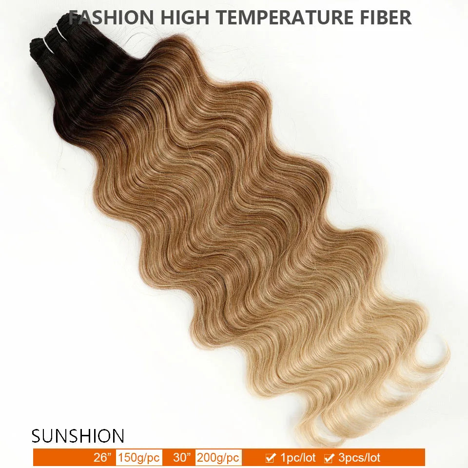 30Inches 200grams Blond Ombre 27/613 Brown Body Wave Synthetic Hair Weave Bundles Soft Bio Human-Like Heat Resistant Ponytail