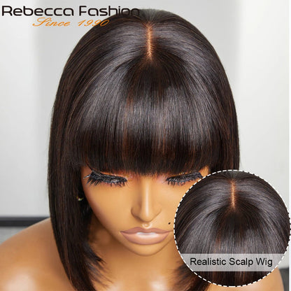 Human Hair Straight Bob Lace Wigs Straight Human Hair Wigs With Bangs #27 Brown Fringe Middle Part Bob Lace Wigs Realistic Scalp