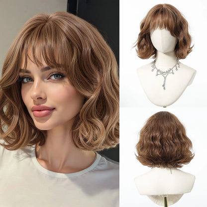 12 Inch Brown Bob Natural Wig Synthetic Cute Hair Short Wavy Curly Wig With Bangs For Women Daily Party Use Heat Resistant Fiber