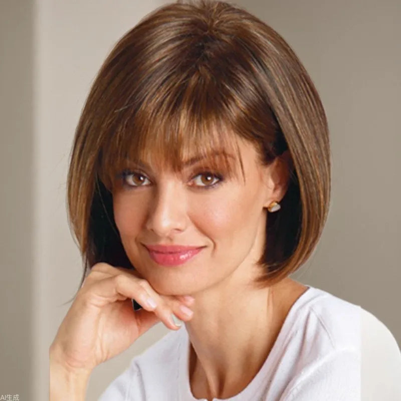 European Short Brown Wig: Trendy Layered Bob Hairpiece with Light Air Bangs for Natural Fashion Look - Synthetic Hairpiece
