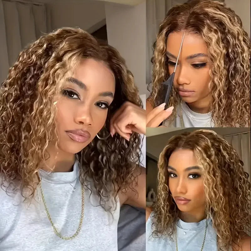 Highlight P4/27 Water Wave 13x4 Brown Blonde Color 210% Short Bob Pre Plucked Wigs Transparent Lace Human Hair Wigs For Women
