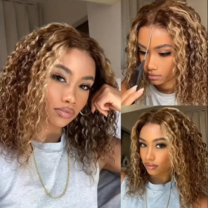 Highlight P4/27 Water Wave 13x4 Brown Blonde Color 210% Short Bob Pre Plucked Wigs Transparent Lace Human Hair Wigs For Women