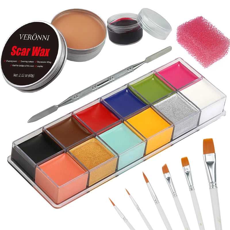 12/20 Colors Face Body Painting Fake Blood ,Halloween Professional Special Effects Makeup Kit with Wound Modeling Scar Wax