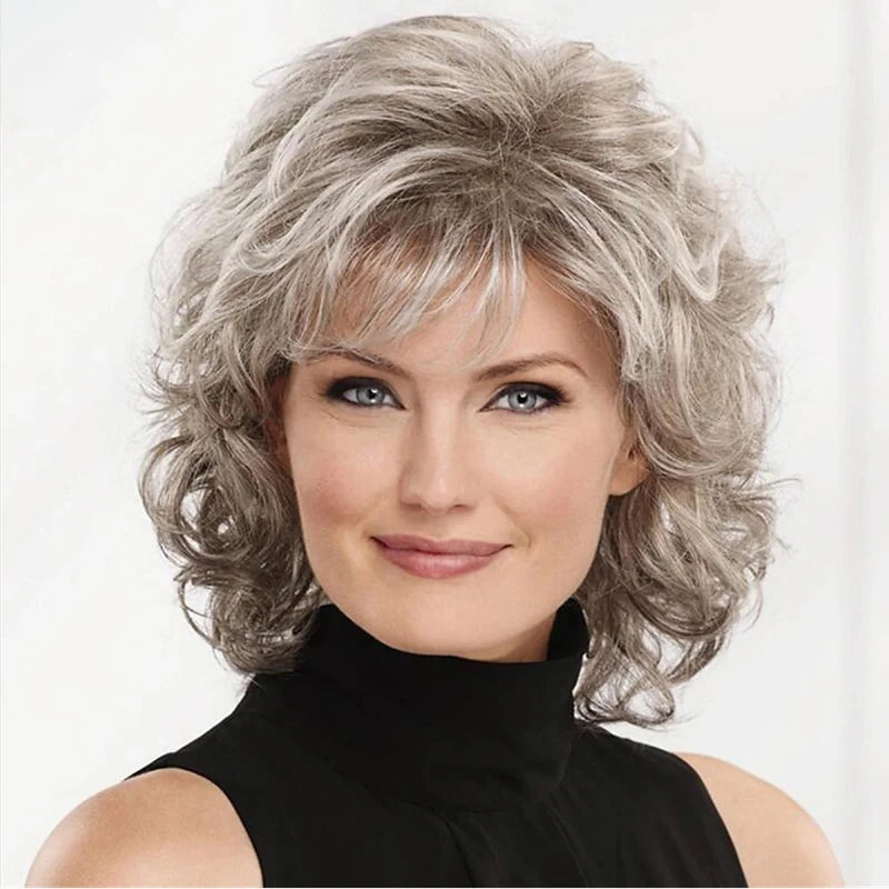 HAIRJOY Women Synthetic Hair Wigs Short Curly with Bangs  Shoulder Length  Blonde Grey White Brown Wig