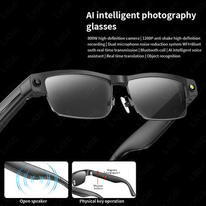 LIGE 800W Camera Glasses AI Bluetooth Glasses Call Music Video Recording Noise Reduction Headset Touch Control Smart Sunglasses