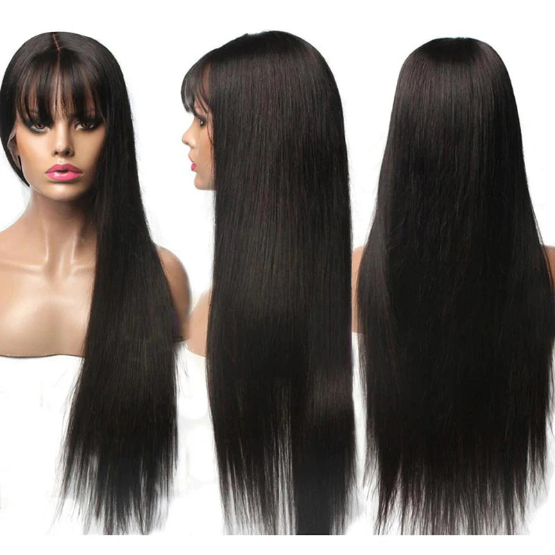 Straight Human Hair Wigs With Bangs 5x5 Hd Lace Closure Wig Fringe 13x4 Lace Frontal Glueless Wig Human Hair Ready To Wear Cheap