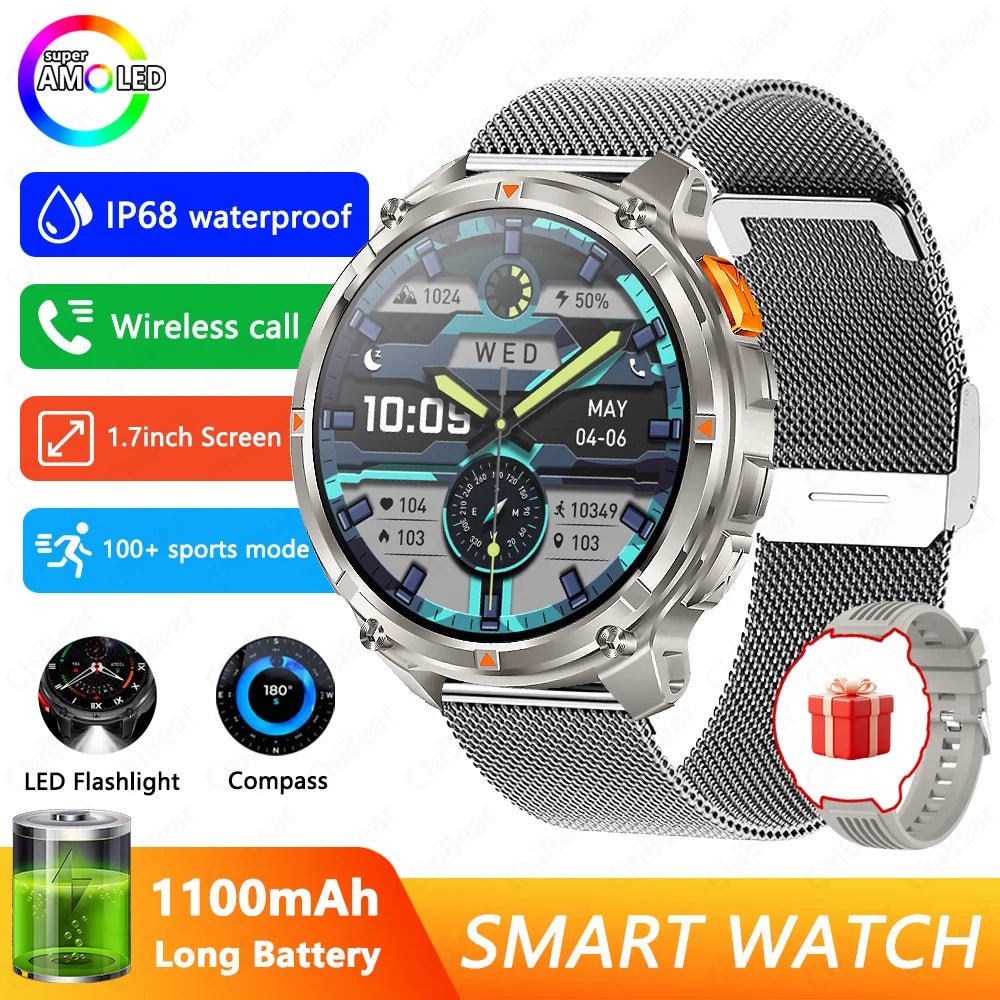1100mAh Battery Smart Watch 1.7 Inch 360*360 AMOLED HD Screen Men Watch Compass 1ATM Waterproof Bluetooth Call Sports Smartwatch