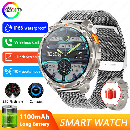 1100mAh Battery Smart Watch 1.7 Inch 360*360 AMOLED HD Screen Men Watch Compass 1ATM Waterproof Bluetooth Call Sports Smartwatch