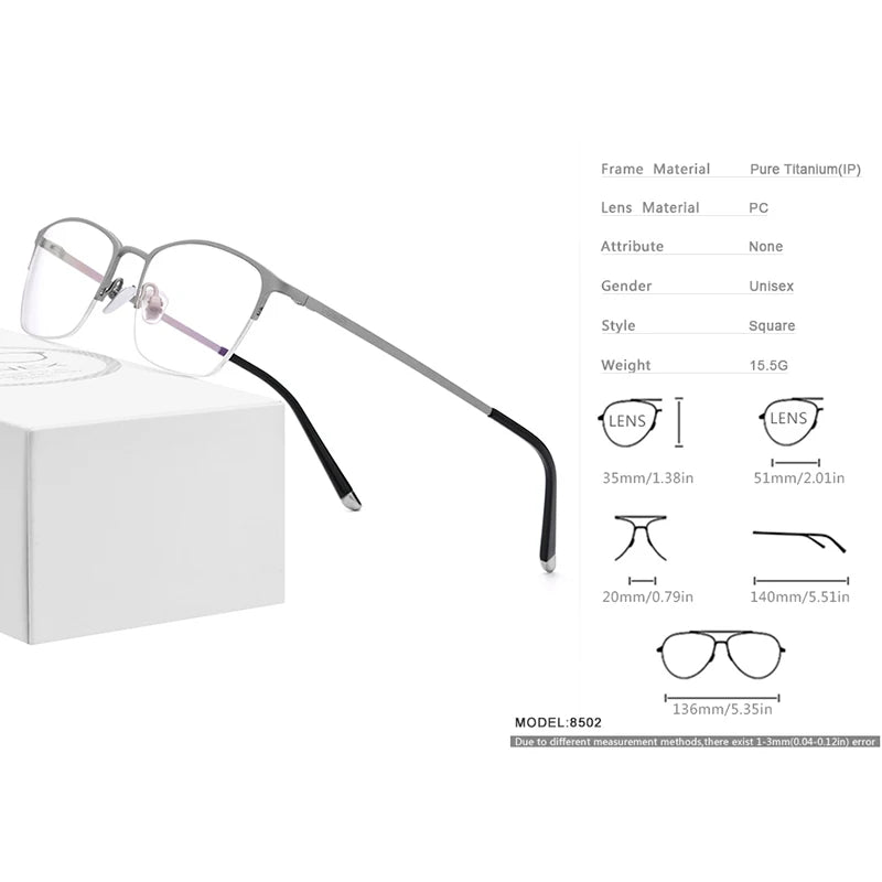 FONEX Pure Titanium Glasses Frame Men Vintage Square Eyewear Women Ultralight Semi-Rimless Half-Rim Japanese Eyeglasses 8502