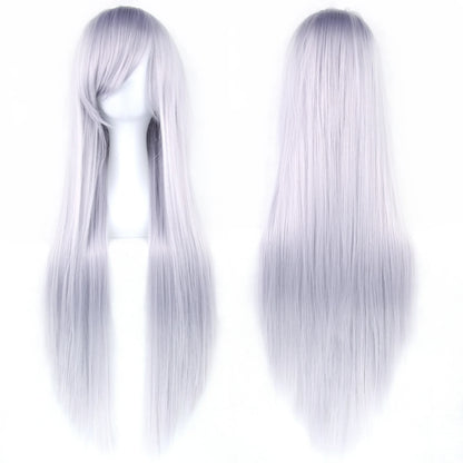 80cm Long Synthetic Hair White Purple Cosplay Wigs Party Black Hair  for Women Straight Wig Hairpiece