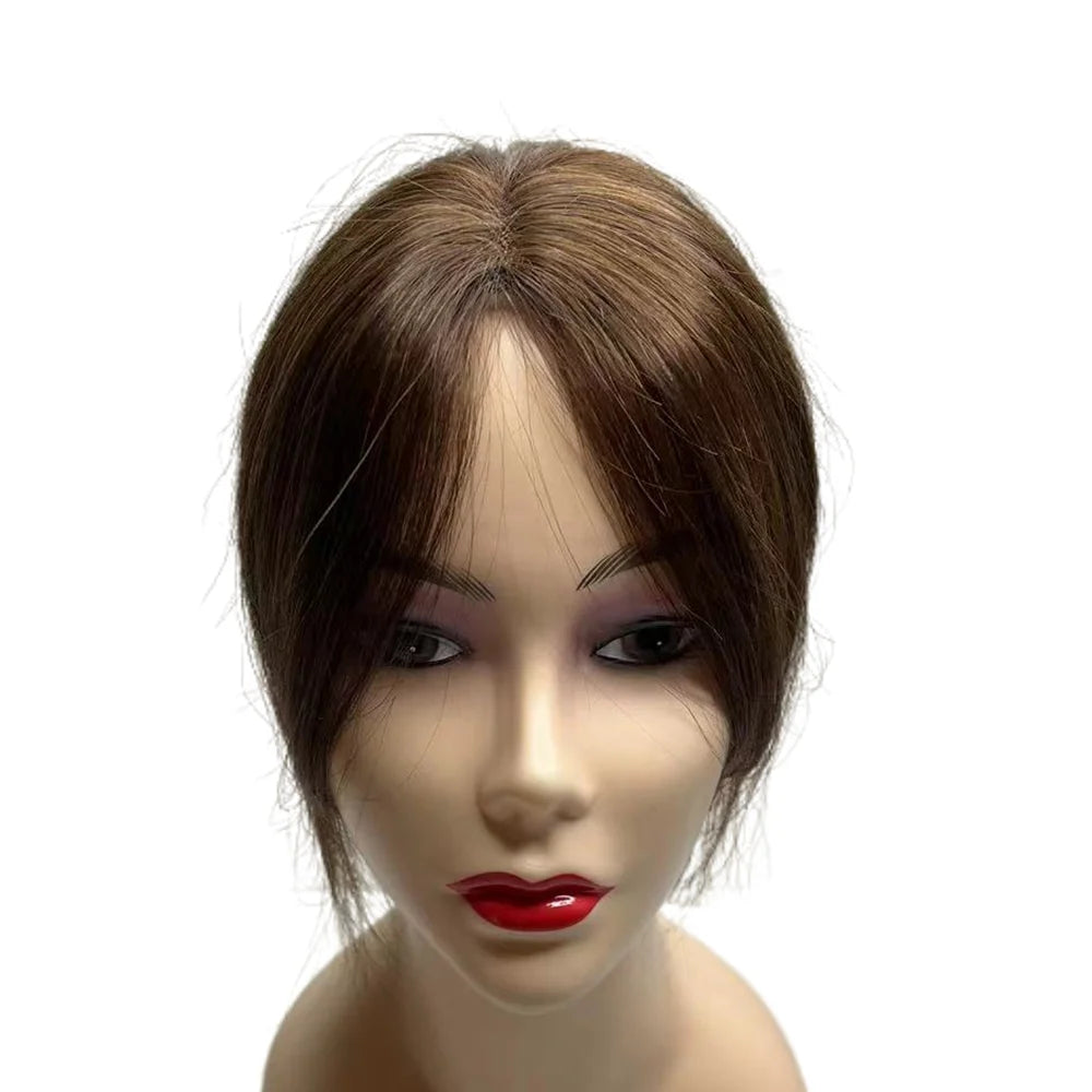 Breathable Swiss Lace Human Hair Topper for Women Dark Brown Bangs Fringe Hairline Topper Clip on Hair Piece for Thinning Hair