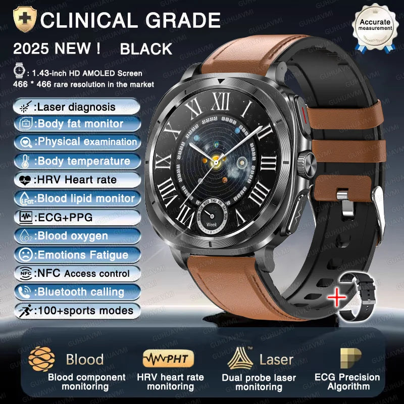 2025 New Laser therapy Three High Uric acid Blood pressure Smartwatch Men ECG+PPG Heart rate Fat Body Analysis NFC Call Watches