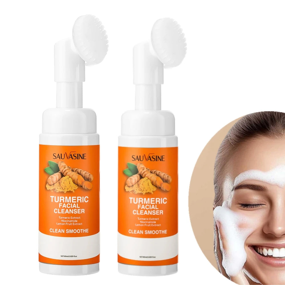 Turmeric Cleanser Moisturize Facial Brightening Skin Tone Daily Face Wash Foam with Brush Skin Care Clean Lemon Fruit Extract