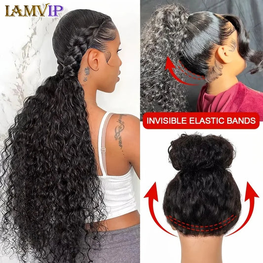 250 Density HD Invisi Strap 360 Full Lace Frontal Kinky Curly Wig 30 inch Black Human Hair Drawstring Snug Water Wig Glueless