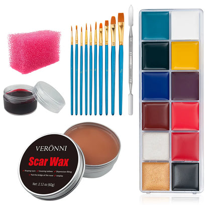 12/20 Colors Face Body Painting Fake Blood ,Halloween Professional Special Effects Makeup Kit with Wound Modeling Scar Wax