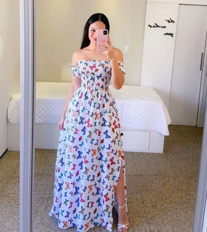Elegant Off Shoulder Dress  Summer Fashion Dresses High Waist Flower Print Short Sleeve Vestidos Robe Clothing