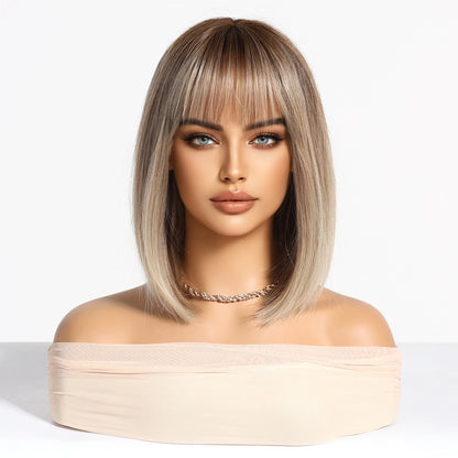 Light Brown Blonde Synthetic Wigs with Bangs for Women Short Bob Daily Straight Wigs Fake Hair Cosplay Halloween Heat Resistant