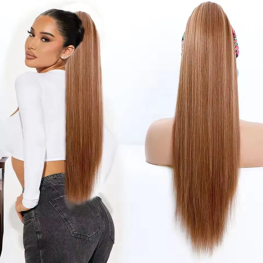 28 Inches Ponytail Blond 30/27B Hair Extensions With Clips Brown 4/10/16 Nature Color Straight Heat Resistant Synthetic Hair