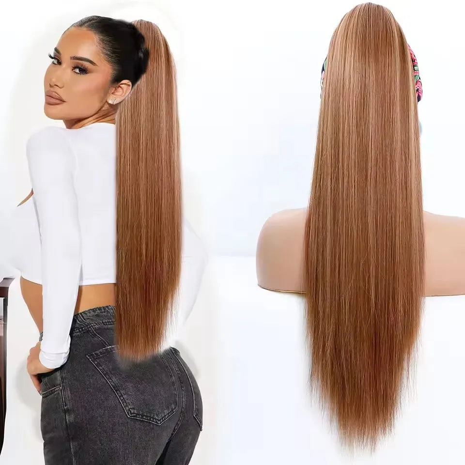 Straight Black Ponytail Blond 27/613 Hair Extensions With Clip Brown 28Inches Ombre Piano Color Heat Resistant Synthetic Hair