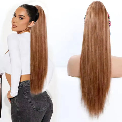 Straight Black Ponytail Blond 27/613 Hair Extensions With Clip Brown 28Inches Ombre Piano Color Heat Resistant Synthetic Hair