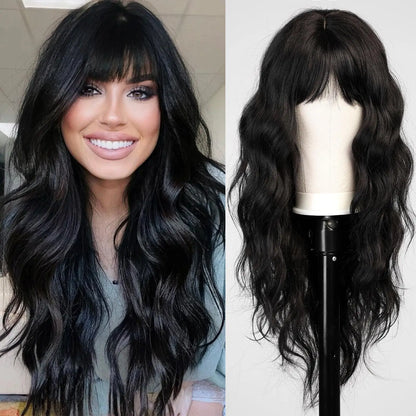 Black women's synthetic wig with big waves and straight bangs for cosplay. Worn daily with high-temperature synthetic hair.
