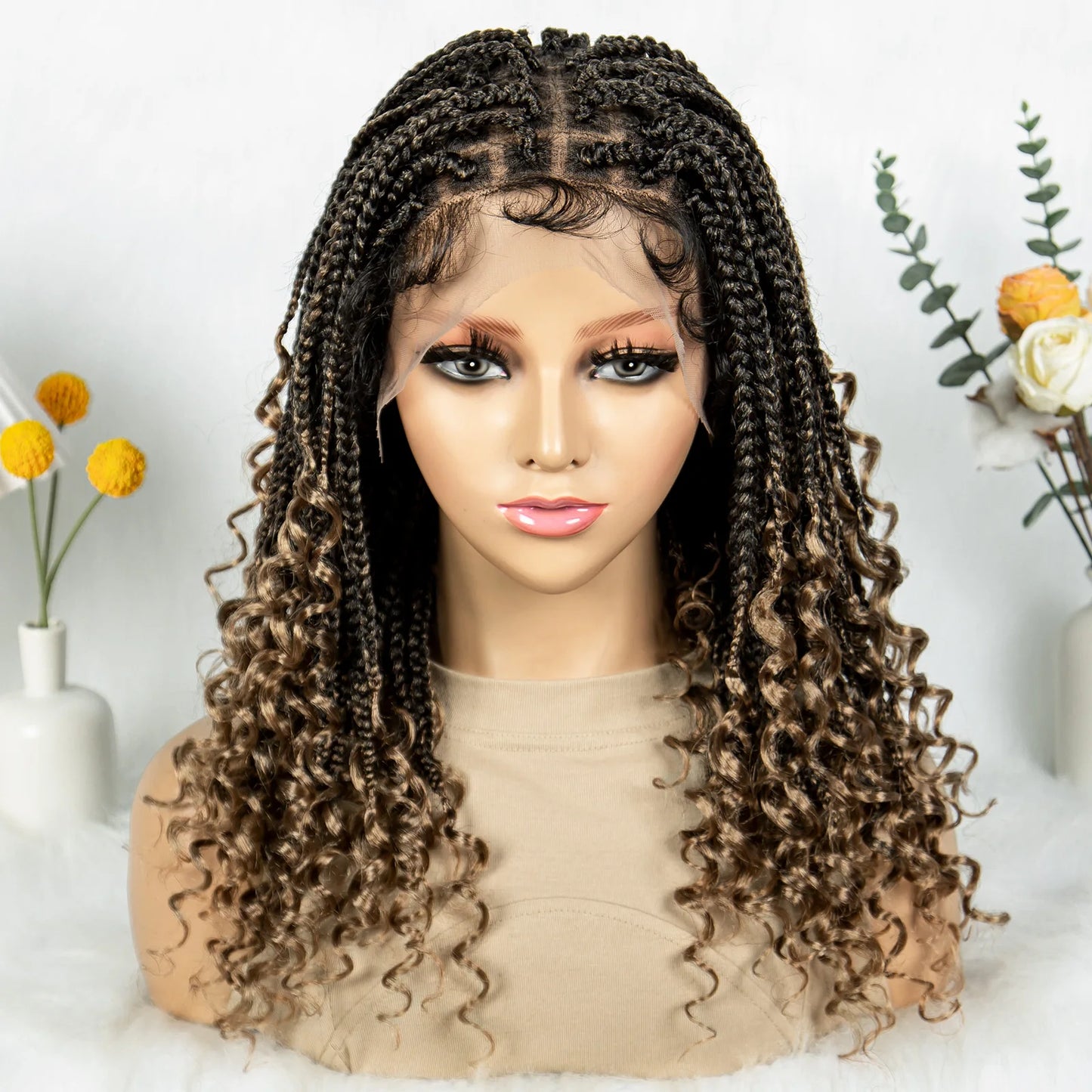 Knotless Box Braided Wigs with Curly Ends Synthetic Full Lace Boho Braided Lace Wigs Lace Frontal Braids Wig for Black Women