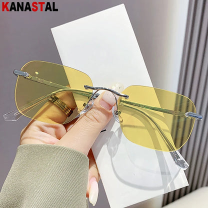 Men Pure Titanium Rimless Sunglasses Women Polarized Sun Glasses Frameless Eyeglasses Night Driving Goggles Anti UV400 Eyewear