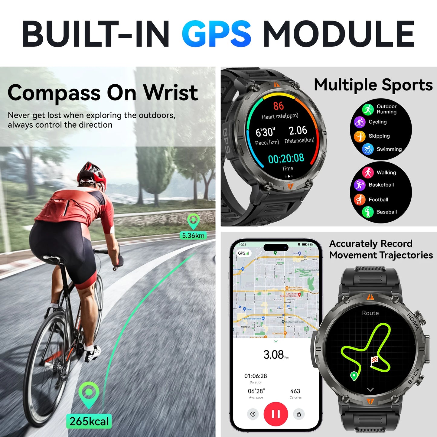 EIGIIS KE3Pro Original Smart Watch for Men with LED Flashlightwith Heart Rate Sleep fitness Monitor with GPS Multiple Sport Mode
