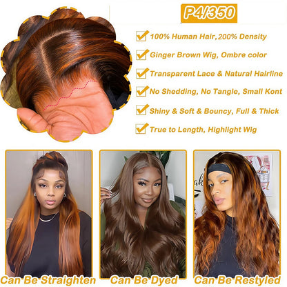 Highlight Lace Front Human Hair Wig Ginger Orange Gradient Straight Hair Glueless 5x5 Bleached Lace Wig Colored Human Hair wigs