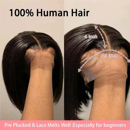 Straight Short Bob Wigs 13x4 Human Hair Lace Frontal Wigs 200% Remy Pre Plucked Transparent Lace Short Bob Wigs For Women 14inch