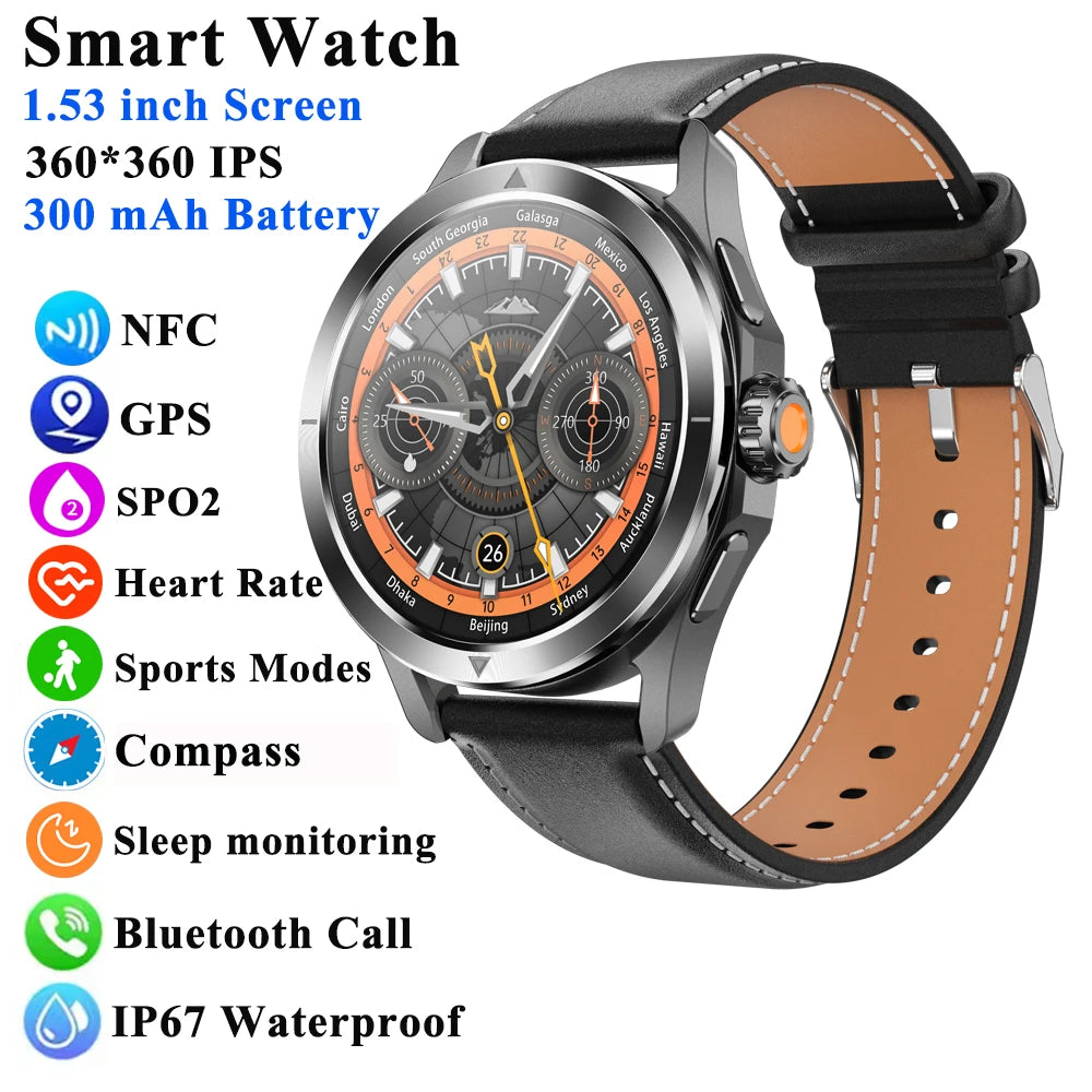 1.53" Outdoor Sports Smart Watch Men NFC GP Compass Heart Rate Blood Oxygen Waterproof Bluetooth Call Smartwatch for IOS Android