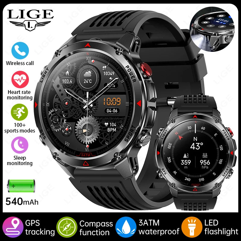 LIGE Outdoor Military Smart Watch Men 1.46" HD Screen Built-in GPS Compass Altimeter 3ATM Waterproof Clock BT Call SmartWatches