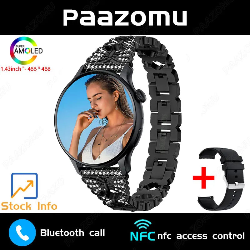 New Smart Watch Women 466*466 AMOLED Screen Always Display Time NFC Bluetooth Call Fashion IP68 Waterproof Sports Men Smartwatch