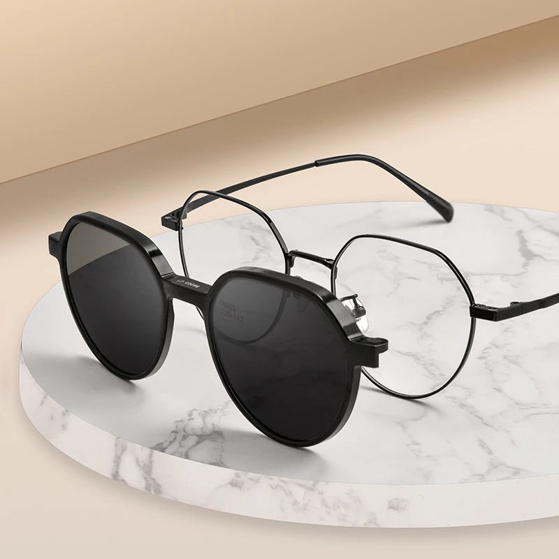 Trendy Polarized Clip On Sunglasses Titanium Alloy Glasses Frame Women Optical Round Sunshades Eyewear