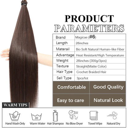 Magicae 28Inches 3Pcs Dark Brown Twist Crochet Braiding Ombre Blond Straight Hair Bundles Extension High Temperature Synthetic