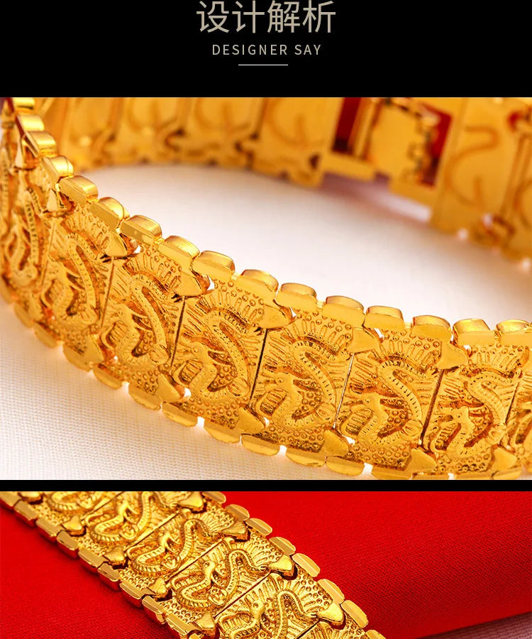 Men's 24K Gold (AU999) Double-Sided Dragon Bracelet | Double-sided carving, hammered brocade with titanium