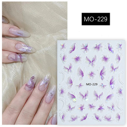 5d Embossed Nail Art Stickers Golden Lines Semi-Transparent Purple Blue Flowers Decals Decorations For Nail Tips Manicures