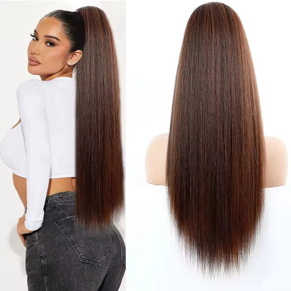 Straight Black Ponytail Blond 27/613 Hair Extensions With Clip Brown 28Inches Ombre Piano Color Heat Resistant Synthetic Hair