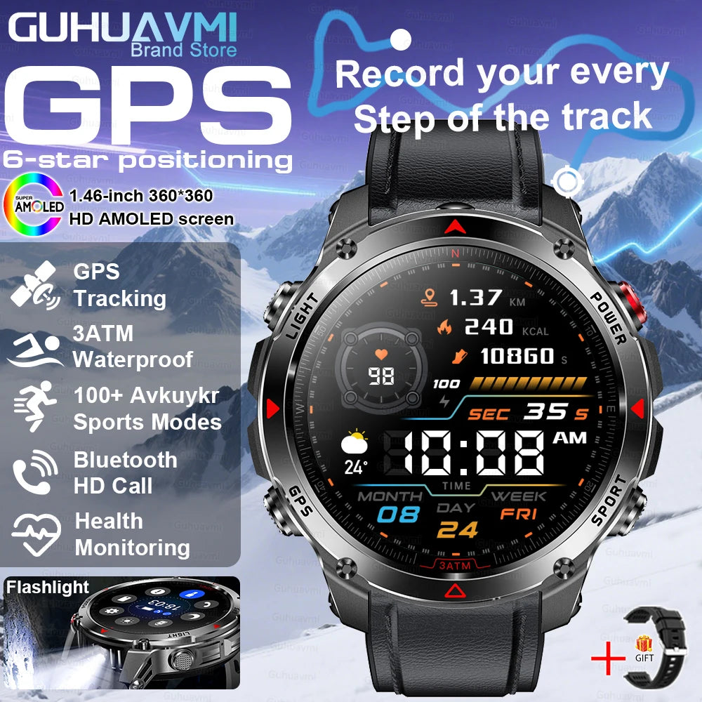 2025New Outdoor Military Smart Watch Bulit-in GPS Compass Altimeter Barometric 3ATM Waterproof AMOLED Bluetooth Call Smart Watch