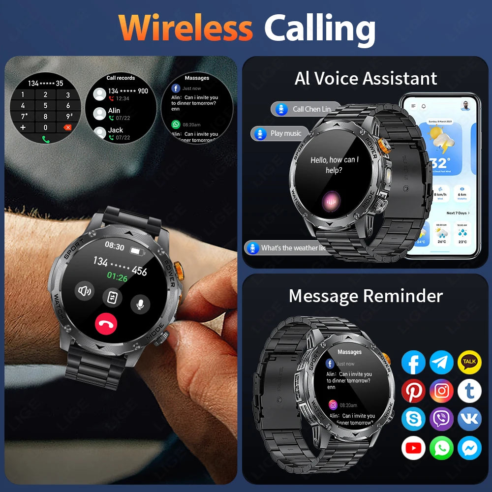 LIGE New Smart Watch Men 1000mAh Large Capacity Battery Outdoor Flashlight Bluetooth Call Waterproof Sport Fitness Smartwatch