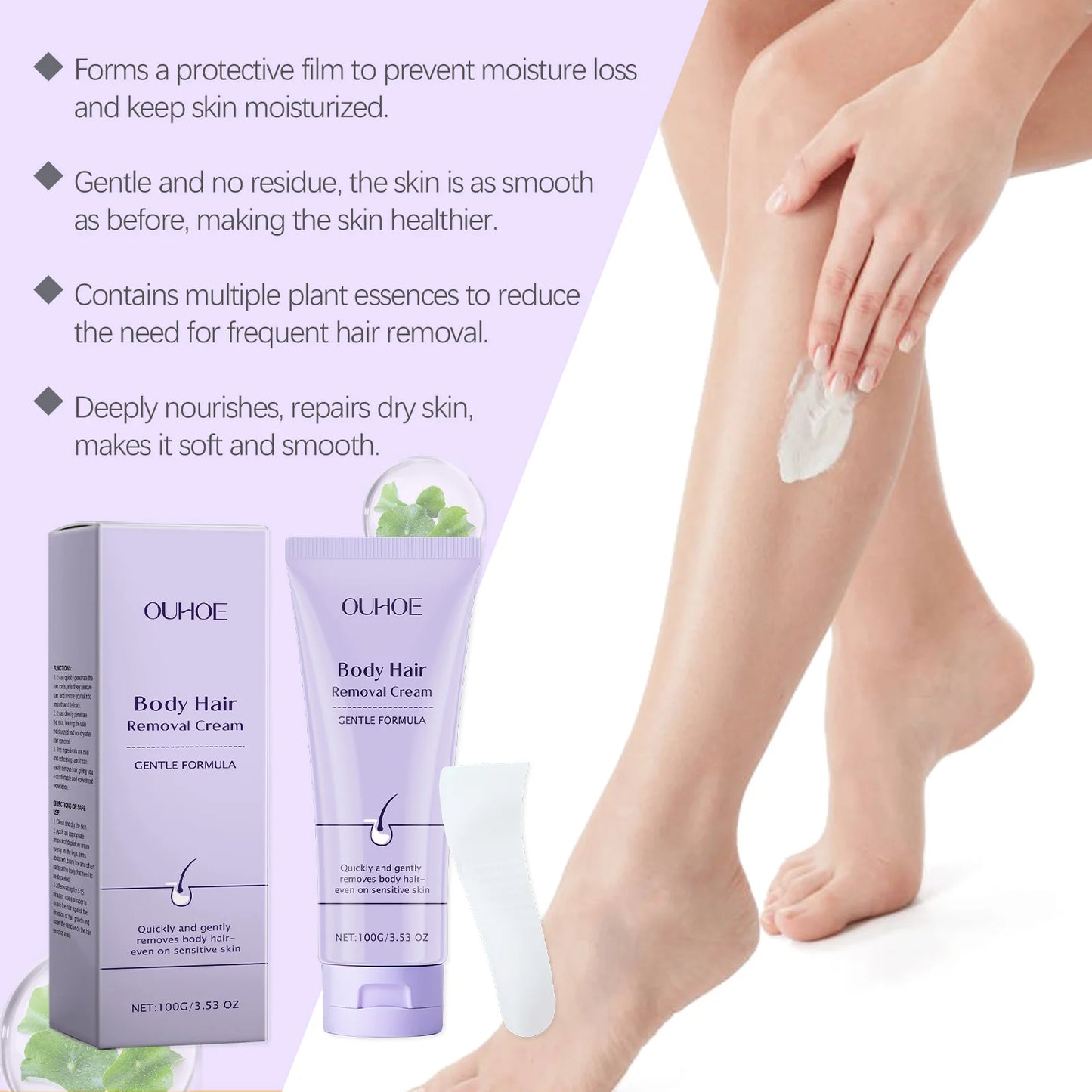 OUHOE Body Hair Removal Cream Gentle Painless Long-Lasting Smoothness Nourish Moisturize Convenient Efficient Aloe Vera Soothing