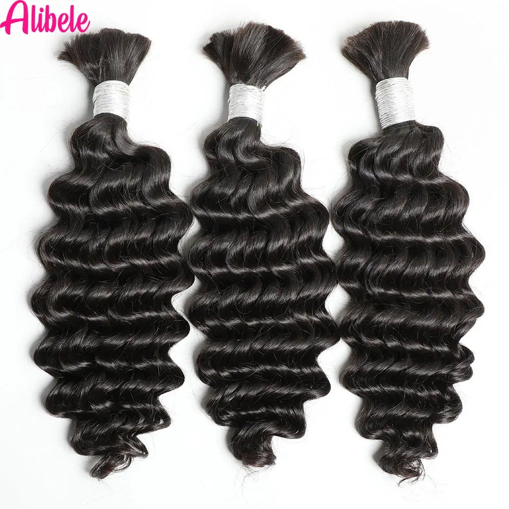 Alibele Hair Bulk Hair For Braiding 100% Real Human Hair Deep Curly Hair For Boho Braids 12A Grade Hair 95g-105g Natural Color
