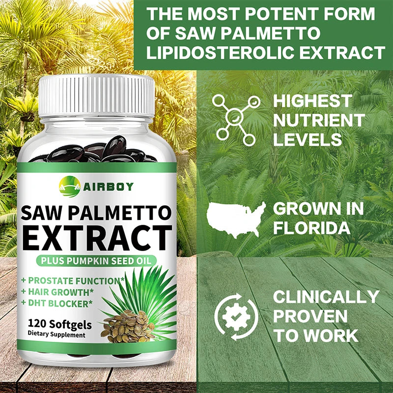 Saw Palmetto Capsules - with Pumpkin Seed Oil - Promotes Prostate Health, Urinary Tract Support, Relieves Hair Loss