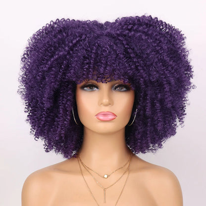 Tereshar Synthetic Short Curly Wigs for Black Women Afro Wig With Bangs Short Afro Kinky Curly Wig for Daily Party Wear