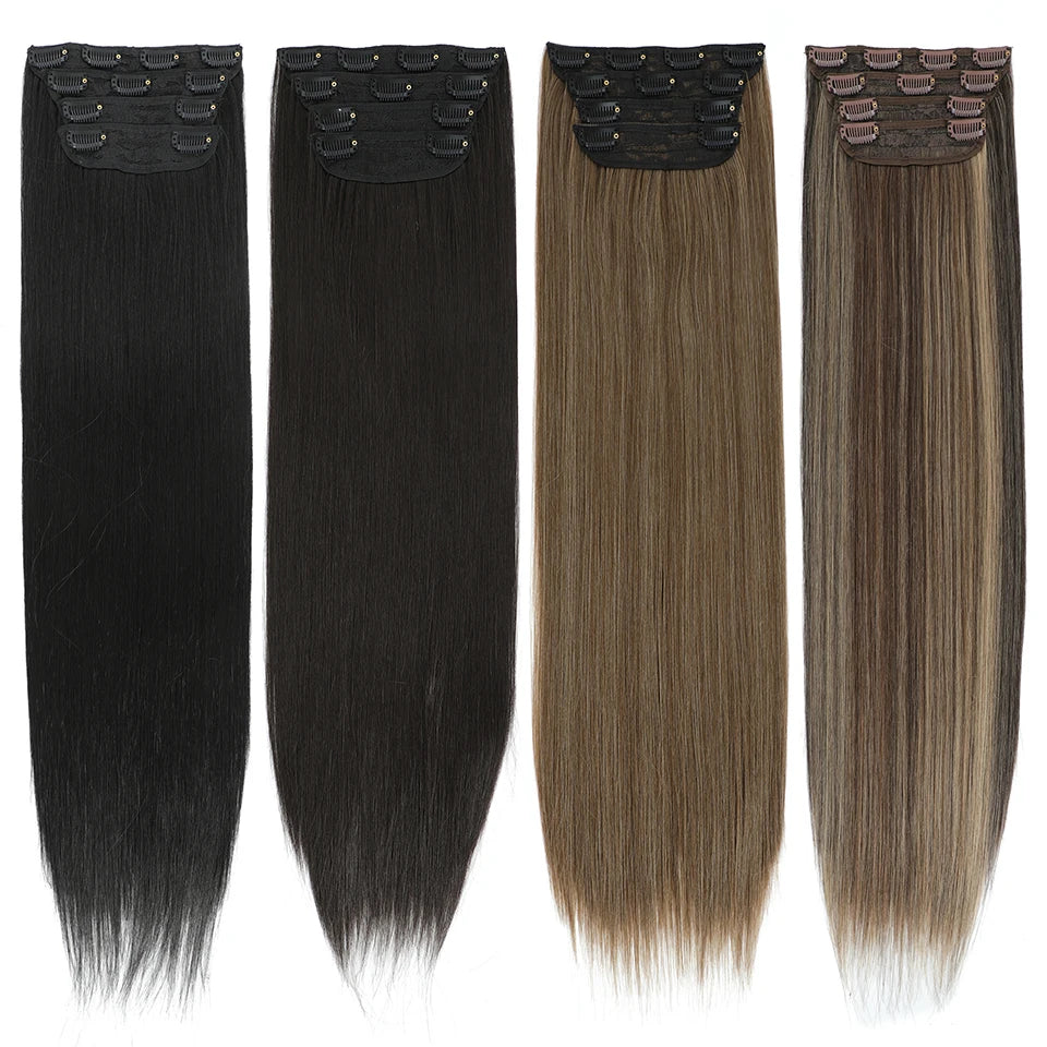 24Inchs Clips in Hair Extensions Long Straight Hairstyle Synthetic Blonde Black Hairpieces Heat Resistant False Hair