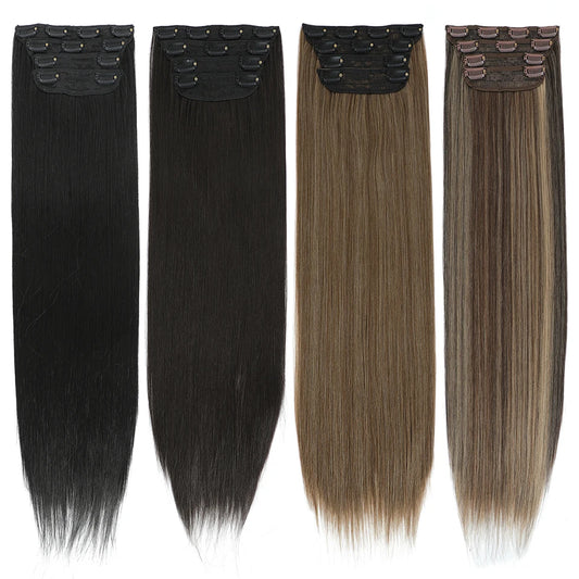 24Inchs Clips in Hair Extensions Long Straight Hairstyle Synthetic Blonde Black Hairpieces Heat Resistant False Hair