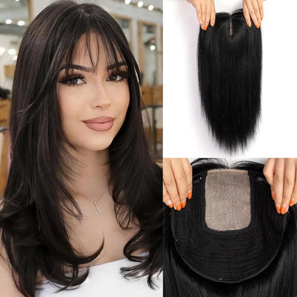 9x9inch Large Base Hair Pieces Dark Brown Human Hair Toppers 16 inch Toppers for Women with Multiple Non-slip Clips